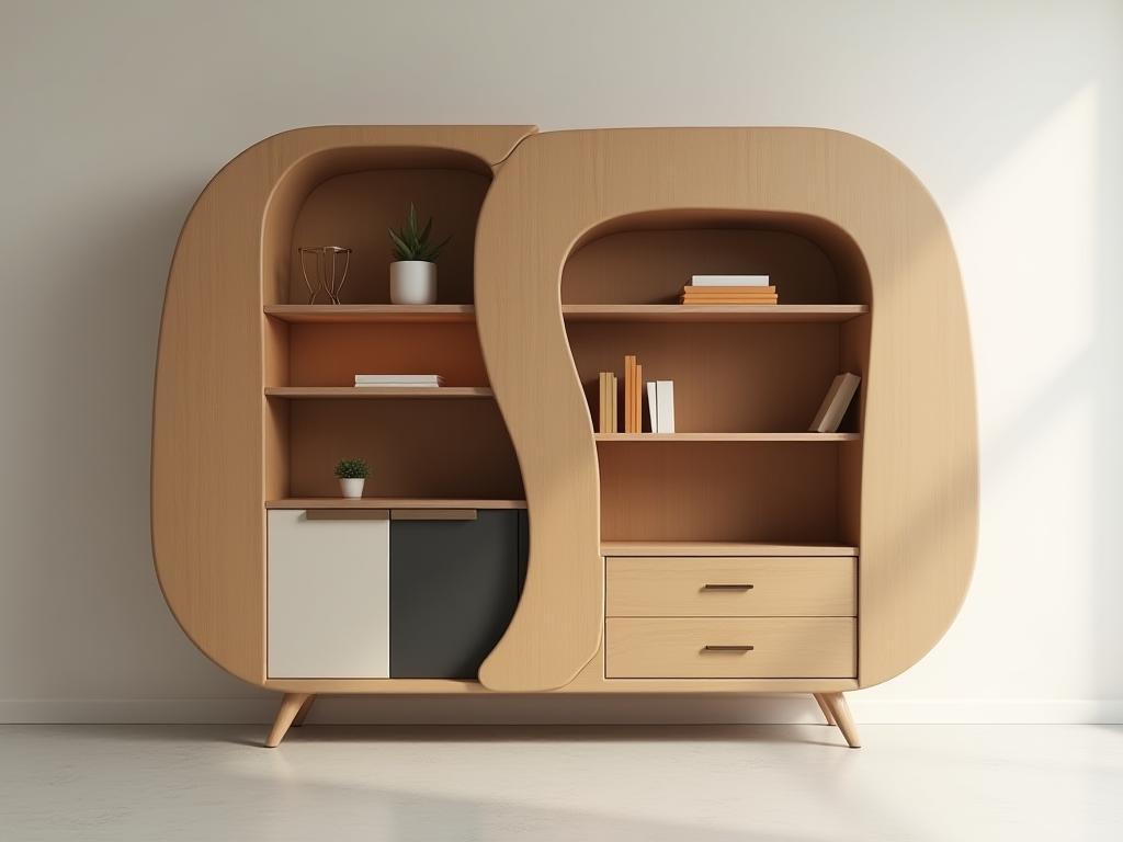 Artistically designed cabinet featuring unique storage solutions and handcrafted aesthetics.